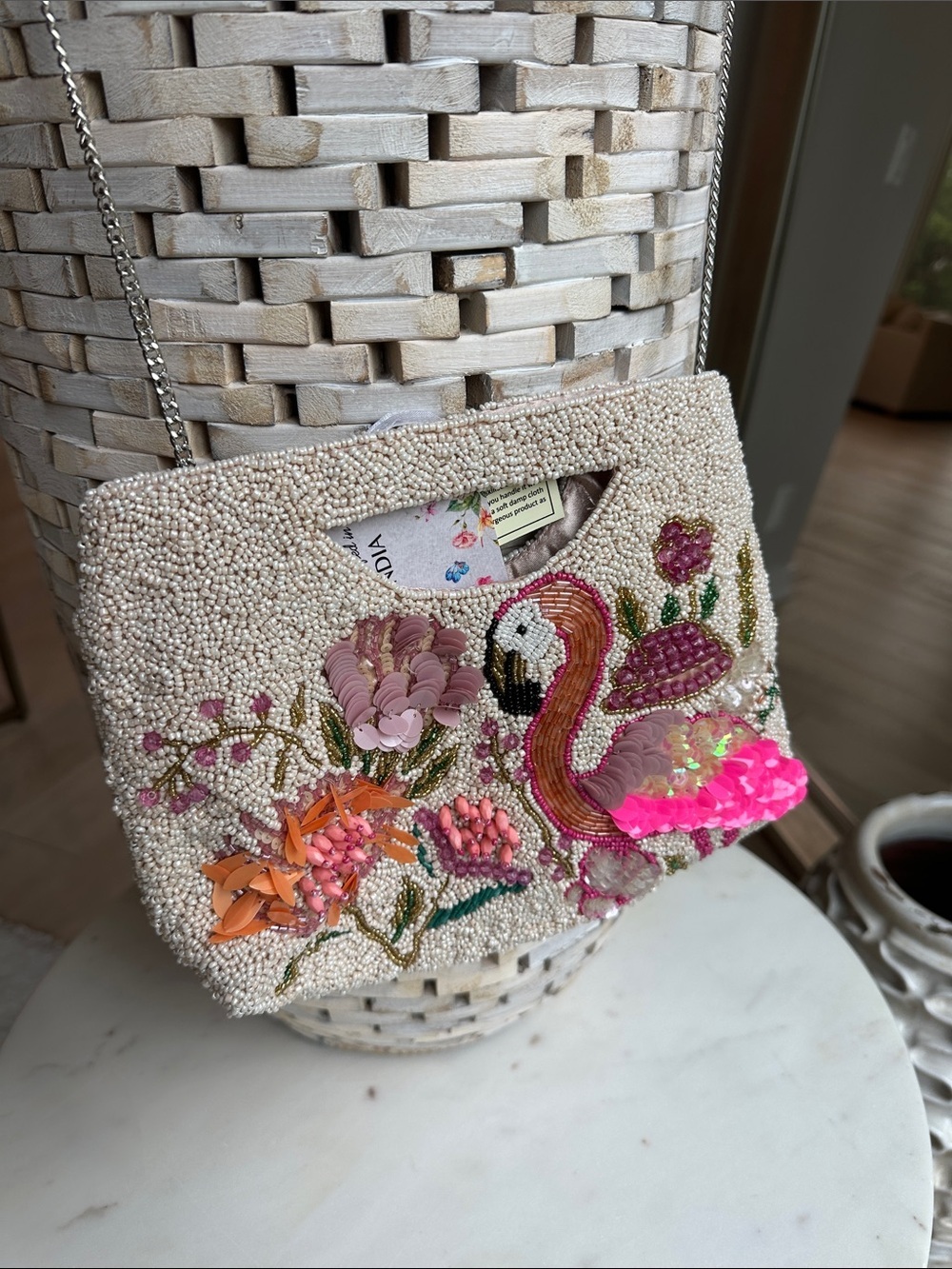 Embellished Flamingo Beaded Clutch - Pink & Cream
